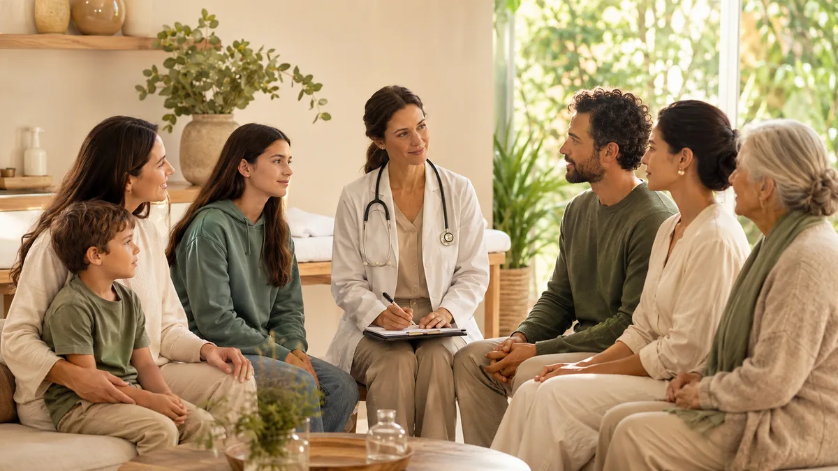Médica realizando atendimento humanizado e integral em consultório
